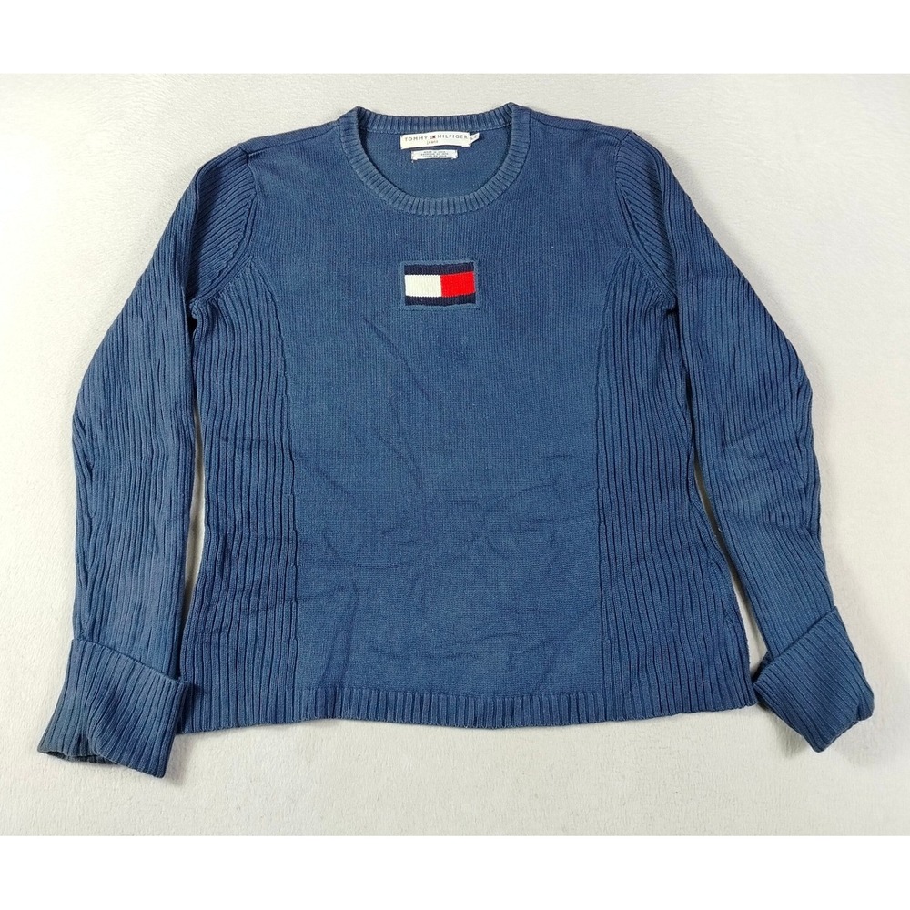 Vintage Tommy Hilfiger Jeans Sweater Womens Large Blue Crew Neck Ribbed Knit Y2K